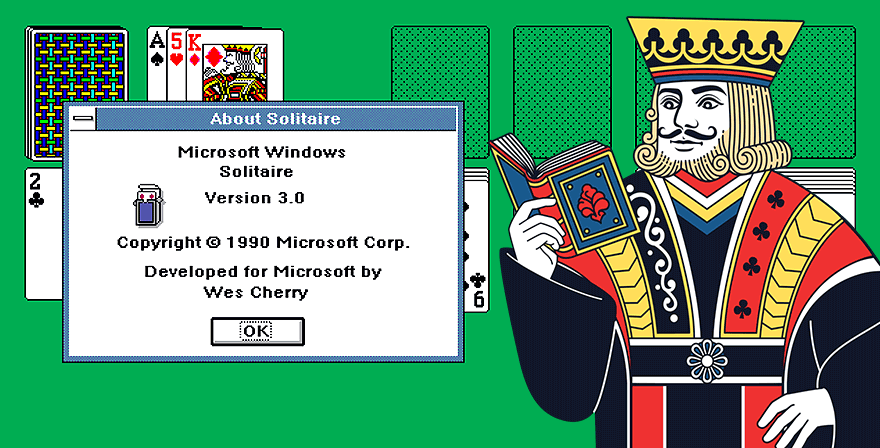 Illustration of Solitaire King mascot alongside Windows 3.0 Solitaire screen.