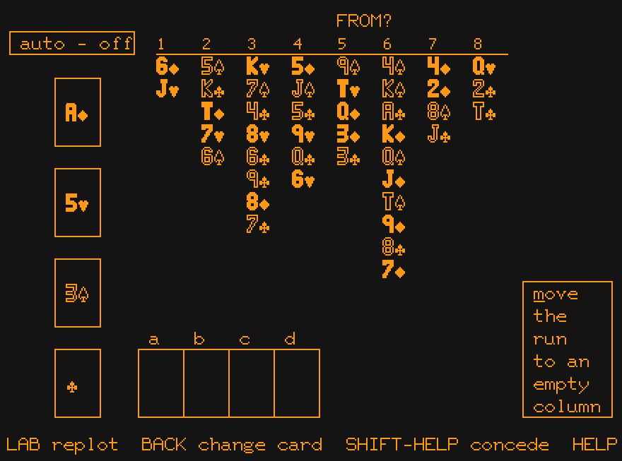 1978 PLATO interface displaying Paul Alfille's first computerized version of Freecell on a monochrome screen