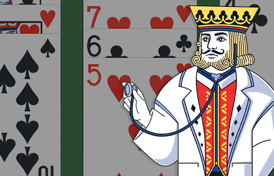 Card king mascot with stethoscope on Solitaire cards.