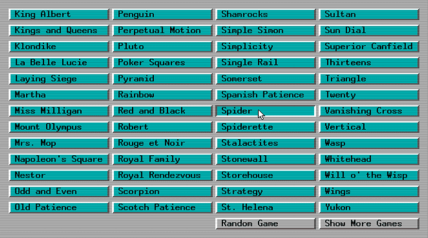 Menu from the 1992 game Solitaire’s Journey, showing Spider Solitaire for the first time among other solitaire games