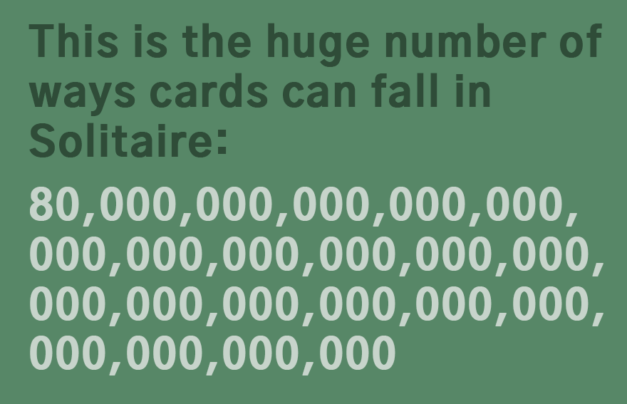 The vast number of possible card arrangements in Solitaire, showcasing the immense variety in each game deal.