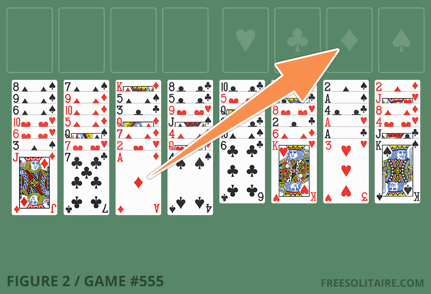 Freecell setup showing an Ace ready for the foundation