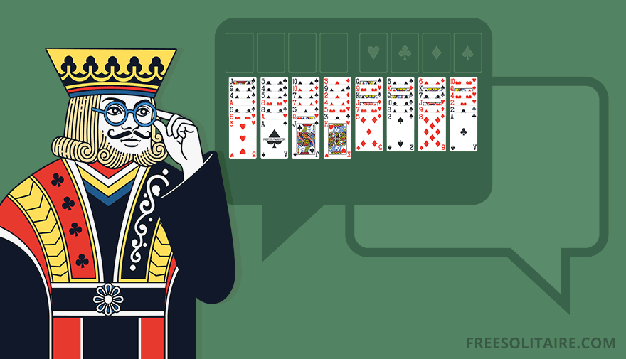 King card mascot fixing glasses while examining a Freecell FAQ