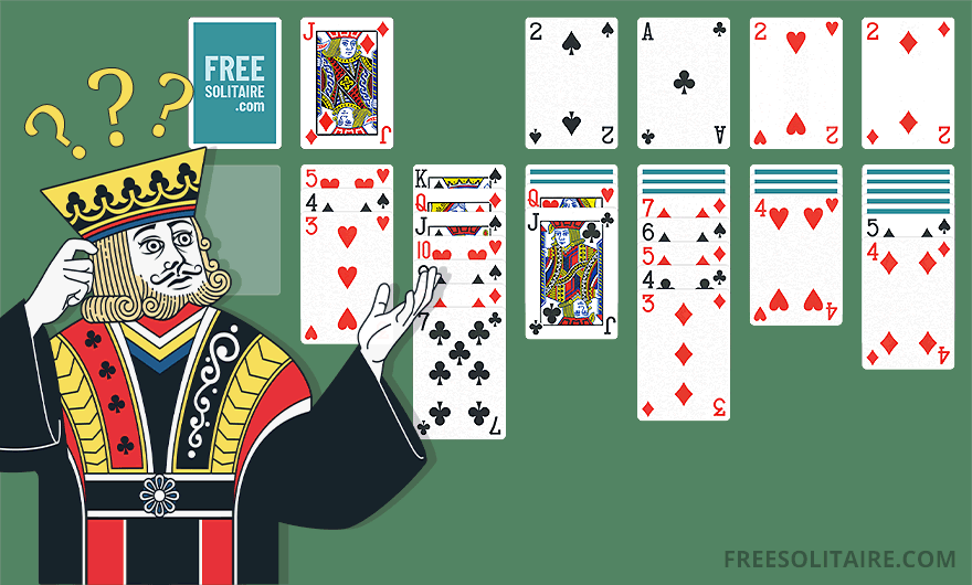 King mascot with a puzzled expression looking at a card layout