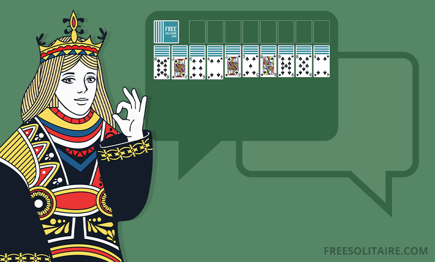 Mascot Queen with a Spider Solitaire tableau in a speech bubble