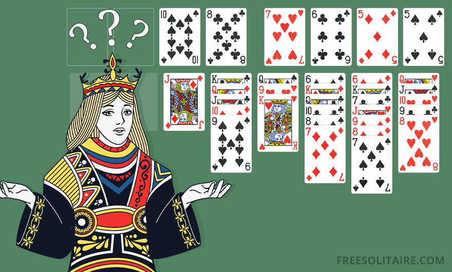 Queen card mascot confused next to a Freecell game tableau