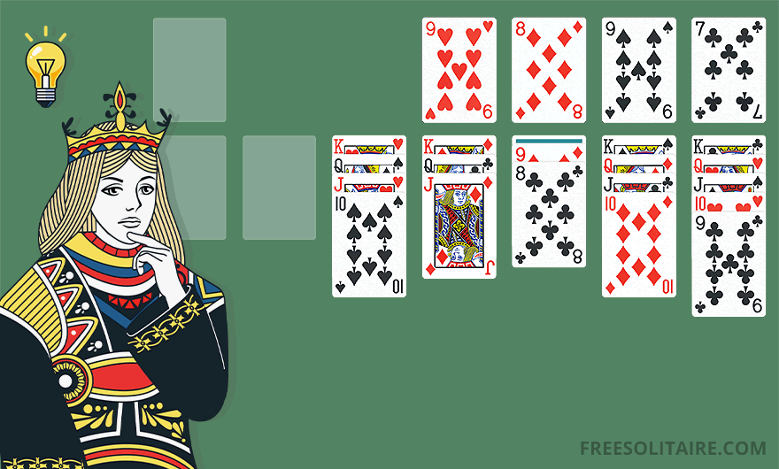 Queen mascot with a thoughtful expression looking at a Solitaire card game layout