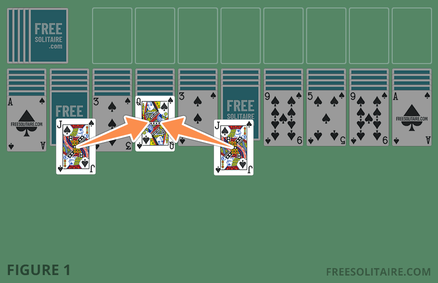 Spider Solitaire gameplay showing 2 possible moves