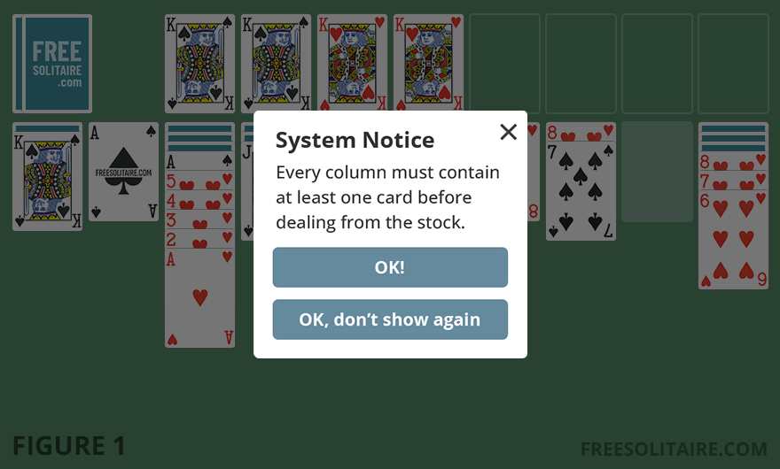 Spider Solitaire system notice explaining dealing rules