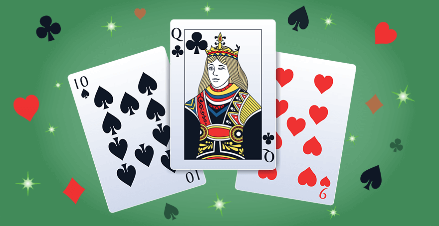 Queen card mascot giving a wink surrounded by playing cards and suit symbols