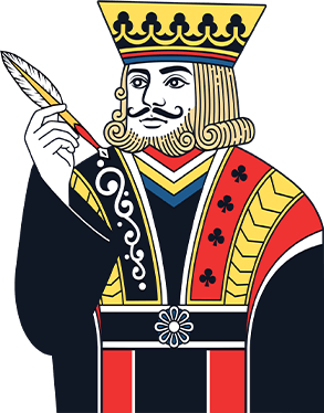 Solitaire King mascot holding a quill